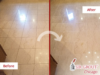 Before and after Picture of This Floor Transformation after a Grout Cleaning Job in Chicago