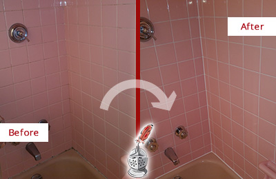 Before and After Picture of a Bathroom Caulking in a Bathtub Area