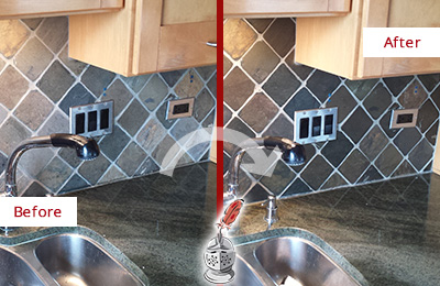 Picture of a Slate Backsplash with Damaged Caulking Before and After a Tile Recaulking Service