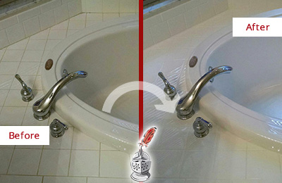 Sir Grout Caulked this Bathroom Shower's Seat Joints to Replace Old Caulking Before and After Picture of Tub Caulking on the Joints of this Bathtub
