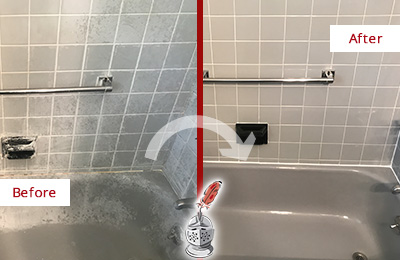 Sir Grout Caulks the Tub of this Porcelain Tile Bathroom to Avoid Water Leakages Before and After Picture of a Tub Caulking on a Porcelain Tile Shower