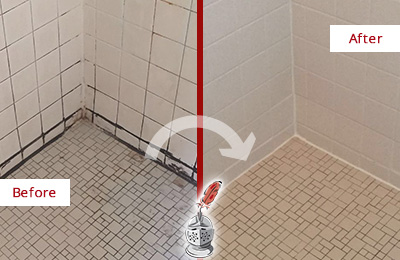Before and After Picture of Grout Caulking on a Shower with Mold and Mildew