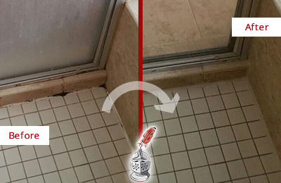 Before and After Picture of a Grout Caulking on the Floor Joints