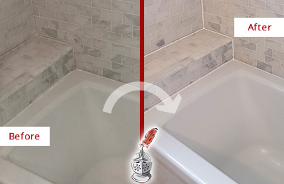 Before and After Picture of a Marble Grout Caulking on the Tub Joints