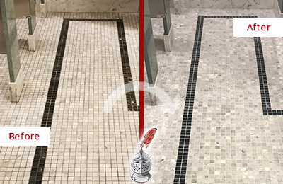 Sir Grout Chicago Stone Cleaning Services Can Help Repair the Look of this Grimy Hospital's Restroom Before and After Picture of a Hospital Travertine Bathroom Floor Stone Cleaning Service