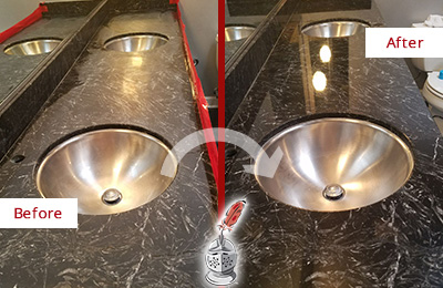 Sir Grout Chicago Stone Services Are Ideal for Enhancing Restrooms Marble Countertops and Keep Them Perfect All Year Round Picture of an Office Restroom's Marble Countertop Before and After Color Enhancement and Restoration