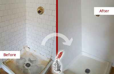 Before and After Picture of a White Shower Cleaned and Sealed to Look Like New