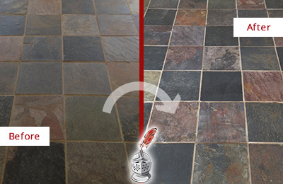 Before and After Picture of a Dirty Hallway Slate Floor Cleaned and Sealed to Recover Its Colors