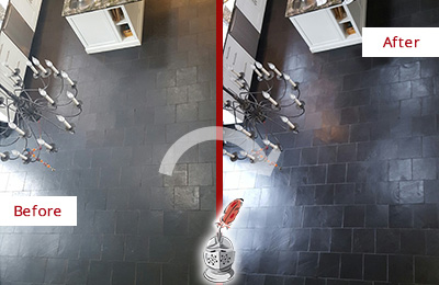 Before and After Picture of a Dull Slate Kitchen Floor Cleaned and Sealed to Restore Its Original Color