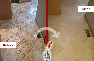 Before and After Picture of a Dirty Marble Floor Cleaned and Sealed