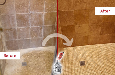 Before and After Picture of a Travertine Shower Cleaned and Sealed to Remove Soap Scum