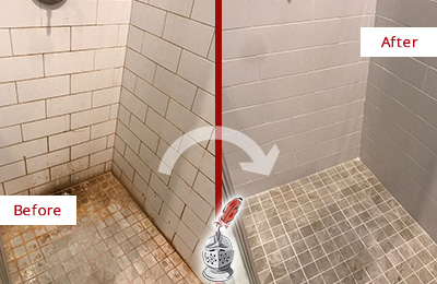 Before and After Picture of a Batavia Shower Tile and Grout Cleaned to Eliminate Mold and Stains