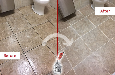 Sir Grout Cleans this Mettawa Restroom Tile and Grout to Remove Soil Before and After Picture of a Mettawa Restroom Tile and Grout Cleaned to Remove Soil
