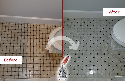 Before and After Picture of a River Forest Bathroom Tile and Grout Cleaned to Remove Stains