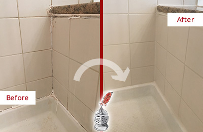 Sir Grout Caulks this Park Ridge Shower Caulked to Repair Damaged Caulking Before and After Picture of a Park Ridge Shower Caulked to Repair Damaged Caulking