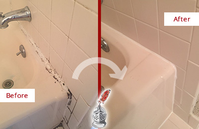 Before and After Picture of a Oak Forest Bathroom Sink Caulked to Fix a DIY Proyect Gone Wrong