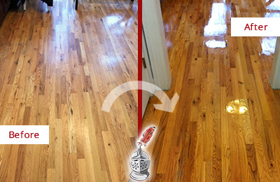 Sir Grout Refinished This Worn Out Geneva Hallway Floor with a Sandless Refinishing Service Before and After Picture of a Geneva Wood Sandless Refinishing Service on a Worn Out Hallway