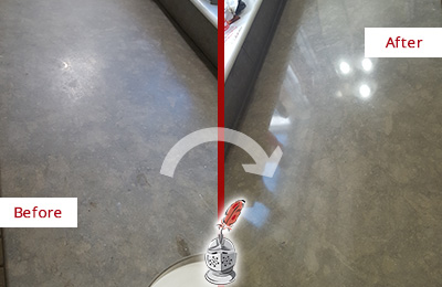 Before and After Picture of a Dull Bloomingdale Limestone Countertop Polished to Recover Its Color