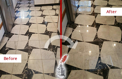 Sir Grout Polishes this Dull Wicker Park Marble Stone Floor To Recover Its Luster Before and After Picture of a Dull Wicker Park Marble Stone Floor Polished To Recover Its Luster