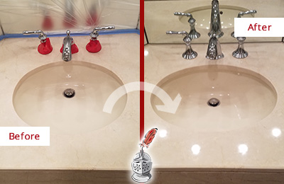 Sir Grout Polishes this Dull Wicker Park Marble Stone Vanity Top to Bring-Back Its Sheen Before and After Picture of a Dull Wicker Park Marble Stone Vanity Top Polished to Bring-Back Its Sheen