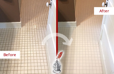 Before and After Picture of a River Grove Bathroom Floor Sealed to Protect Against Liquids and Foot Traffic