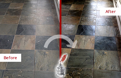Sir Grout Seals this Dull Oak Forest Slate Floor to Bring Back Its Colors Before and After Picture of a Dull Oak Forest Slate Floor Sealed to Bring Back Its Colors
