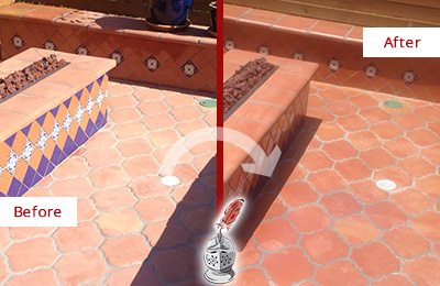 Sir Grout Seals this Dull Oak Forest Terracotta Patio Floor For UV Protection Before and After Picture of a Dull Oak Forest Terracotta Patio Floor Sealed For UV Protection