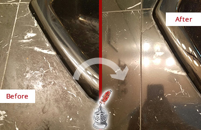 Before and After Picture of a Gages Lake Marble Countertop Cleaned to Remove Deep Dirt