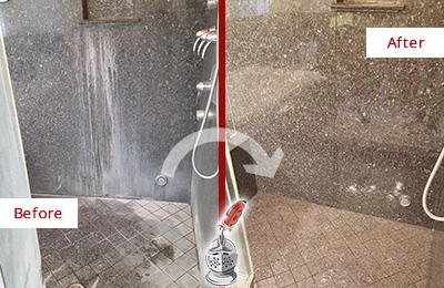 Sir Grout Cleans this Lisle Granite Shower to Remove Mineral Deposits Before and After Picture of a Lisle Granite Shower Cleaned to Remove Mineral Deposits