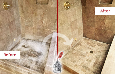 Sir Grout Cleans this Lisle Travertine Shower to Eliminate Water Spots Before and After Picture of a Lisle Travertine Shower Cleaned to Eliminate Water Spots