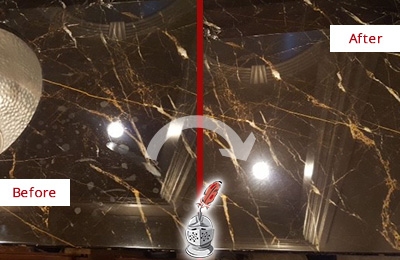 Sir Grout Cleans this Lisle Marble Countertop to Remove Water Spots Before and After Picture of a Lisle Marble Countertop Cleaned to Remove Water Spots