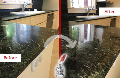 Sir Grout Seals the Stone of this Fort Sheridan Granite Kitchen Countertop For Extra Protection Before and After Picture of a Fort Sheridan Granite Kitchen Countertop Stone Sealed For Extra Protection