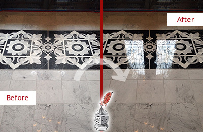 Sir Grout Seals the Stone of this Fort Sheridan Marble Floor to Recover Its Sheen Before and After Picture of a Fort Sheridan Marble Stone Sealed to Recover Its Sheen