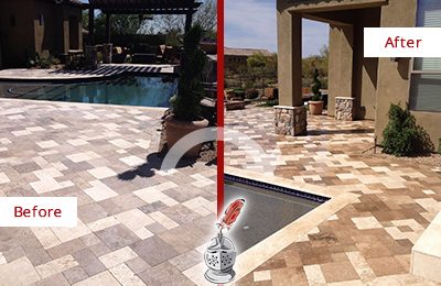 Sir Grout Seals the Stone of this Fort Sheridan Travertine Patio Stone for Extra Protection Before and After Picture of a Fort Sheridan Travertine Patio Sealed Stone for Extra Protection