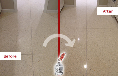 Sir Grout Hones this Dull Deerfield Granite Floor to Recover Its Sheen Before and After Picture of a Dull Deerfield Granite Floor Honed to Recover Its Sheen
