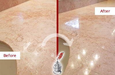 Sir Grout Hones this Deerfield Marble Vanity Top to Eliminate Water Spots Before and After Picture of a Deerfield Marble Vanity Top Honed to Eliminate Water Spots