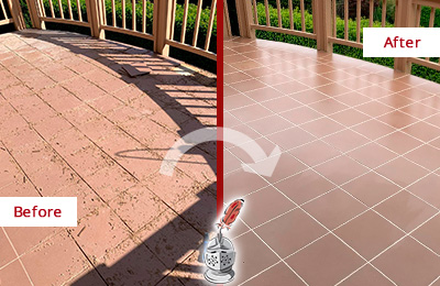 Before and After Picture of a South Elgin Hard Surface Restoration Service on a Tiled Deck