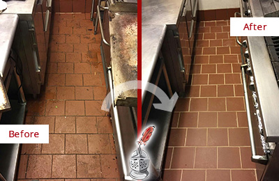 Before and After Picture of a Steger Hard Surface Restoration Service on a Restaurant Kitchen Floor to Eliminate Soil and Grease Build-Up