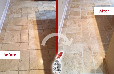 Sir Grout Cleans this Steger Kitchen Floor's Grout to Recover Its Color Before and After Picture of Steger Kitchen Floor Grout Cleaned to Recover Its Color