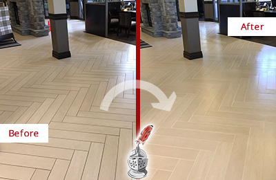 Sir Grout Cleans the Grout on this Steger Lobby Floor Before and After Picture of a Steger Lobby Floor Cleaned to Even the Grout Color
