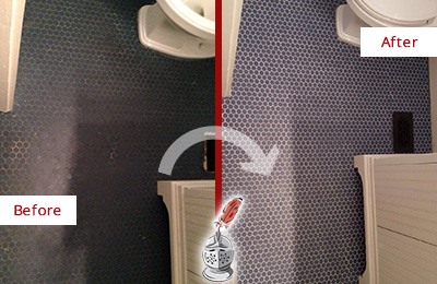 Sir Grout Recolors the Grout on this Deerfield Blue Tile Floor Before and After Picture of a Deerfield Blue Tile Floor Recolored Grout