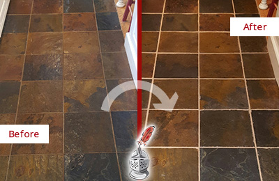Sir Grout Recolors the Grout of this Deerfield Slate Floor Before and After Picture of a Deerfield Slate Floor Recolored Grout