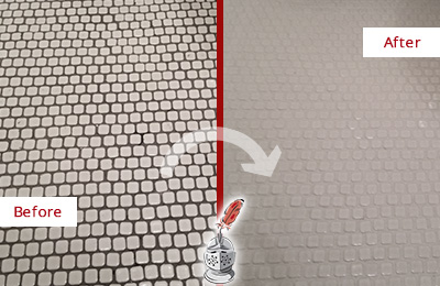 Sir Grout Recolors the Grout of this Deerfield White Mosaic Tile Before and After Picture of a Deerfield White Mosaic Tile Recolored Grout