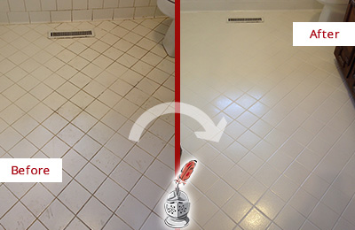 Sir Grout Seals the Grout of this Old Mill Creek White Bathroom Floor for Extra Protection Before and After Picture of a Old Mill Creek White Bathroom Floor Grout Sealed for Extra Protection