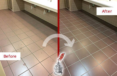 Sir Grout Seals the Grout on this Old Mill Creek Office Restroom to Refresh Its Look Before and After Picture of Dirty Old Mill Creek Office Restroom with Sealed Grout