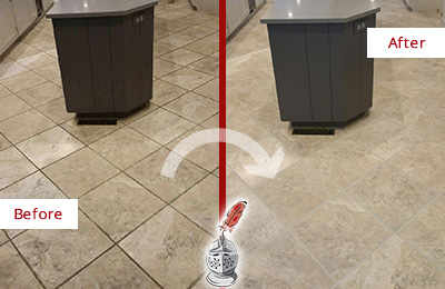 Sir Grout Seals this Stained Old Mill Creek Kitchen Floor Grout to Remove Stains Before and After Picture of a Old Mill Creek Kitchen Floor Grout Sealed to Remove Stains