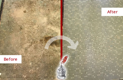 Sir Grout Cleans this Brookfield Mosaic Shower Cleaned to Eliminate Embedded Dirt Before and After Picture of a Brookfield Mosaic Shower Cleaned to Eliminate Embedded Dirt